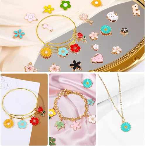 Miniatura 4 de MARFOREVER 120 dijes con temática floral de primavera y verano, dijes de flores para hacer joyas, colgantes de esmalte dorado surtidos