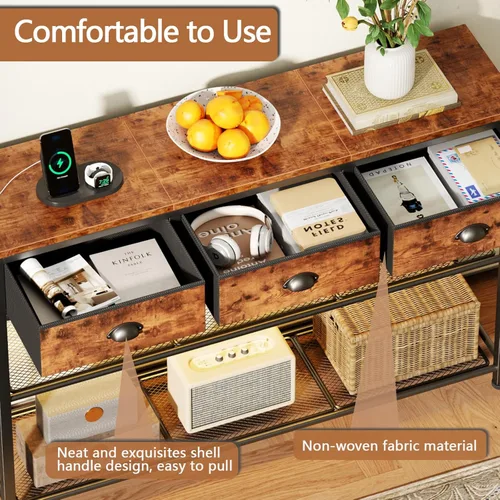 Miniatura 6 de Furologee - Mesa de consola con estación de carga y 3 cajones de tela, mesa de entrada de 38 pulgadas con estantes de almacenamiento y luz LED