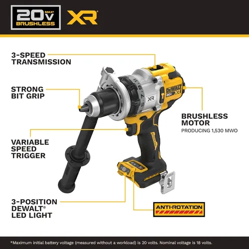 Miniatura 13 de DEWALT Kit de taladro de martillo inalámbrico de 1/2 pulgada MAX XR de 20 V con batería de 8 Ah y cargador (DCD1007WW1)