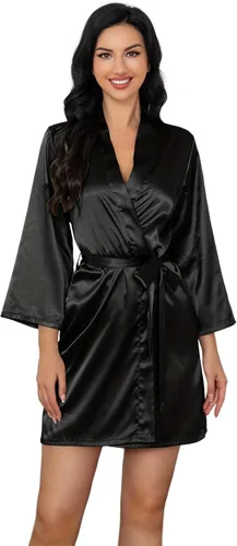 Lubinghua V Neck Satin Night Robe, 34 Sleeve Kimono Bathrobe for Women, Pure Color Bridal Party Robes for Bridesmaids