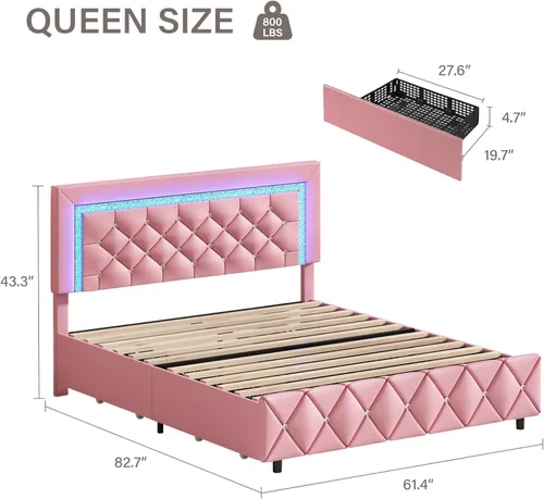Miniatura 2 de Base de cama tamaño queen con luces LED, plataforma tapizada con cajones de almacenamiento, cama princesa con cabecera y cabecera de diamante,
