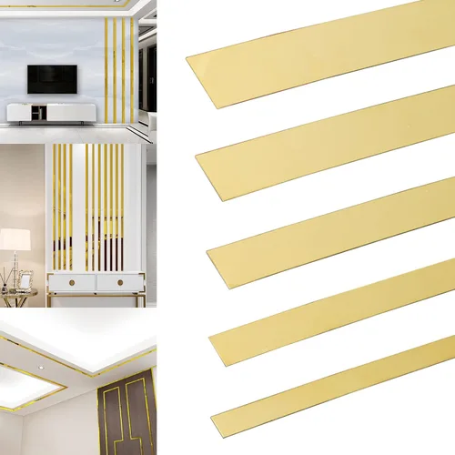 Moldura de pared dorada de 16 pies de acero inoxidable para despegar y pegar, cinta autoadhesiva de metal para espejo, acabado metalizado similar a