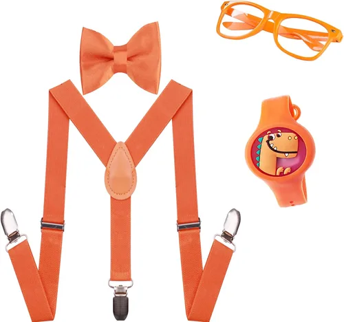 chiyu-yang Tirantes para niños y niñas, pajarita para niños, gafas, pulsera, tirantes naranjas, accesorios para juegos de rol, fiestas, Halloween