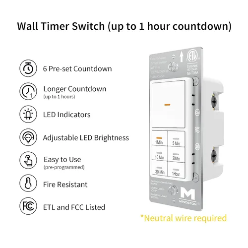Miniatura 9 de Minoston Interruptor de luces de temporizador, 1-60 minutos, temporizador de pared de cuenta regresiva para ventiladores de baño, calentadores