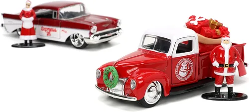 Miniatura 4 de Jada Toys Holiday Rides 1:32 1941 Ford Pickup y 1957 Chevy Bel-Air - Coche fundido a presión con figura de Papá Noel y Sra. Santa Claus de 1.65