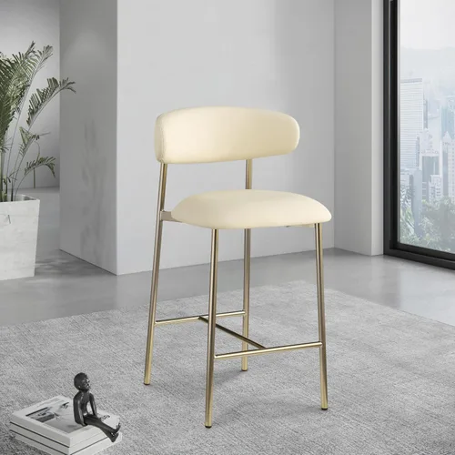 Miniatura 2 de Meridian Furniture 995Black-C Lupita Collection Modern Taburete contemporáneo con cuero vegano negro suave, marco de metal dorado cepillado, 20.5