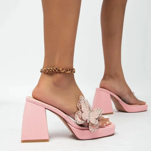 Miniatura 8 de NEWBELLA Sandalias de tacón alto de mariposa con diamantes de imitación, tacones gruesos con punta cuadrada abierta, pantuflas de verano sin