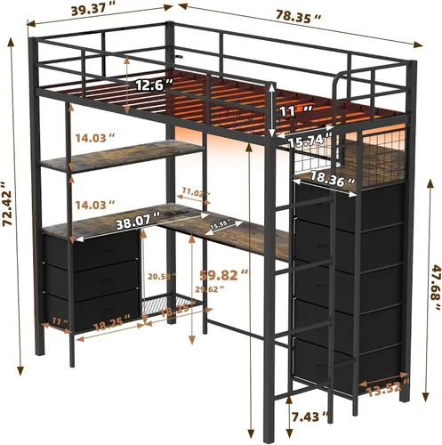 Miniatura 2 de Cama tipo loft de tamaño individual con escritorio, luces LED, estación de carga, base de cama industrial con 3 estantes de almacenamiento y 8