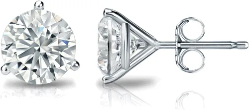 Aretes tipo dormilona de circonita cúbica redonda de diamantes de 1 quilate en oro blanco de 14 k Martini de 3 puntas (cttw) Diamond Wish, Oro