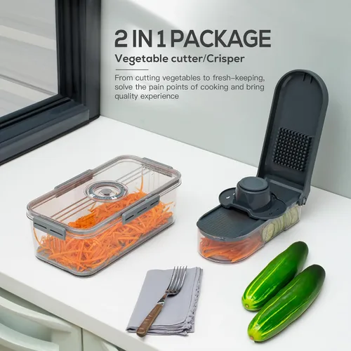 Miniatura 3 de Cutesun - Recipientes apilables transparentes para frutas y verduras con tapa y rebanadora de mandolina 6 en 1 para cocina, rallador de queso
