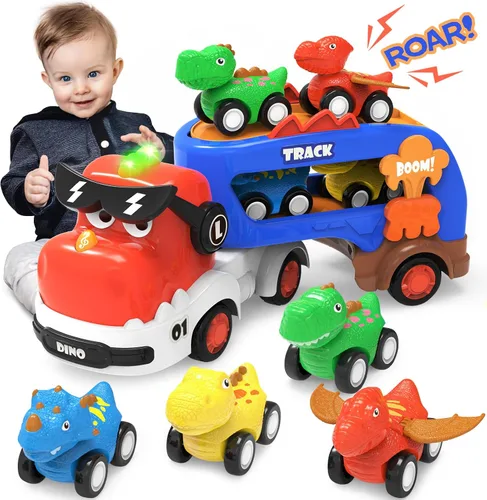Miniatura 2 de Juguetes de Dinosaurio para Niños 2 3 4 5 6, 5 en 1 Camión de Dinosaurio con 4 Coches de Dino, Luz y Sonido, Juguetes para Niños de 2 a 7 Años
