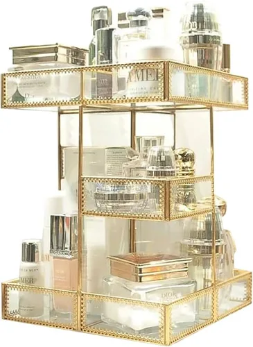 Organizador de cosméticos dorado de 4 niveles con rotación de 360 grados, bandeja de perfume giratoria premium, exhibidor de belleza de gran