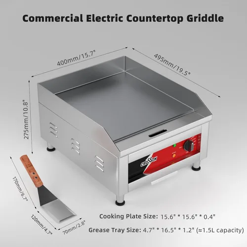 Miniatura 6 de CROSSON Plancha eléctrica comercial de encimera de 16"×16", planchas de superficie plana con placa de cocción de hierro antiadherente de 2/5