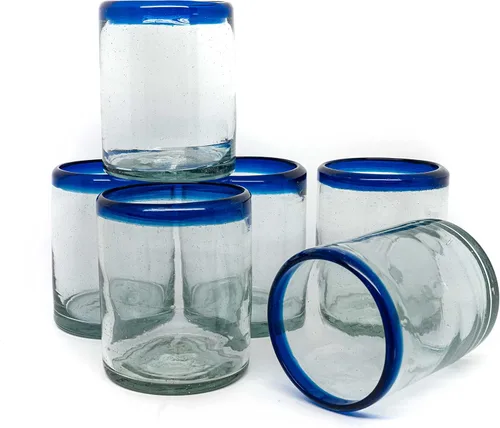 Miniatura 8 de Juego de 6 vasos soplados a mano (10 onzas) de México con borde azul cobalto, cristalería de vidrio de burbujas reciclada, rústica y hecha a mano