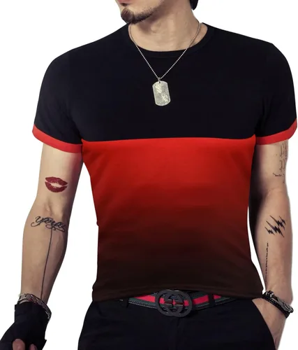 Miniatura 4 de kuboyee Mens Slim Fit Cotton T-Shirt Short Sleeve Crew Neck Contrast Gradient Color Stitching Tops Fashion Shirts Casual Tee