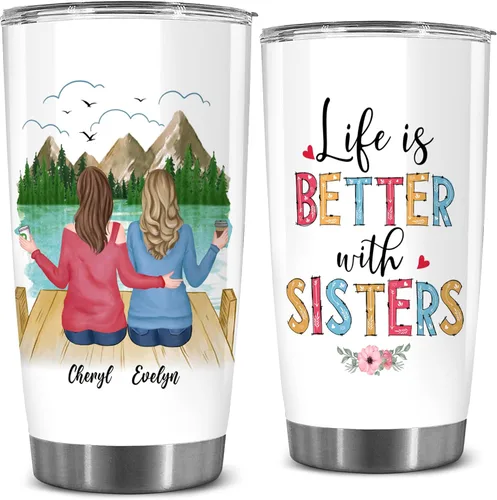 Miniatura 19 de WHIDOBE Vaso personalizado para hermana (2 mujeres) personalizado de 20 onzas con avatar, nombre – Taza de viaje para mejor amiga, regalo de amistad