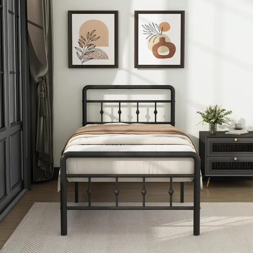 Miniatura 6 de DiaOutro Base de cama clásica de metal con cabecero y estribo, 16 pulgadas, no necesita somier, resistente estilo victoriano, base de Negro mate