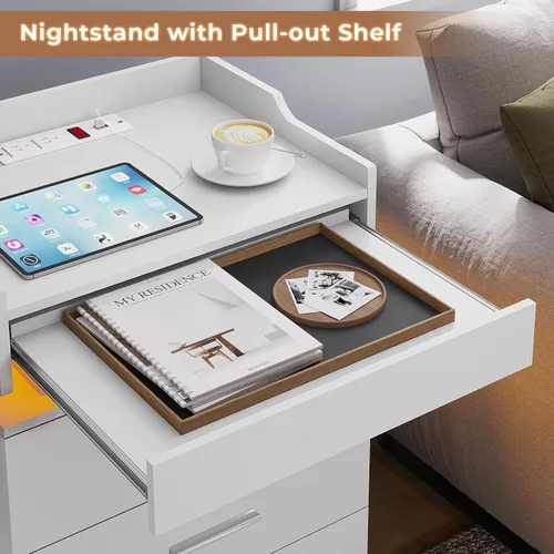 Miniatura 3 de HAUOMS Mesita de noche grande con estación de carga y luz LED, mesa auxiliar con 3 cajones y estante extraíble, mesita de noche con puertos USB