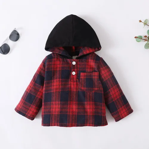 Miniatura 4 de VOLUOVO Conjunto de sudadera con capucha y bolsillo a cuadros para bebés y niños pequeños