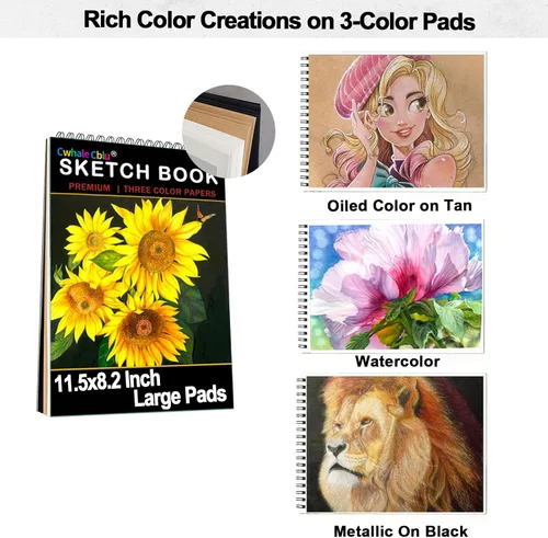 Miniatura 6 de Juego de suministros de arte para dibujo, kit de bocetos con libro de bocetos de 3 colores, grafito, carbón, acuarela y lápiz metálico, juego