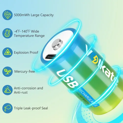 Miniatura 2 de Paquete de 4 baterías C, baterías de litio recargables USB con cable de carga, batería C tamaño LR 14 1.5V 5000 mWh, batería tipo C