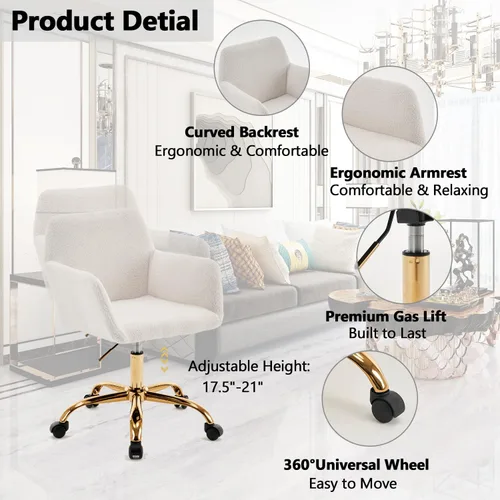 Miniatura 4 de Silla moderna de peluche para oficina en casa, bonita silla de escritorio tapizada con patas de metal dorado, silla giratoria ajustable con ruedas
