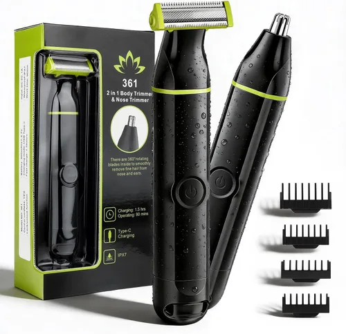 Lanumi Kit de aseo 2 en 1 para hombre, recortadora de barba recargable inalámbrica, IPX7, maquinilla de afeitar eléctrica impermeable para nariz,