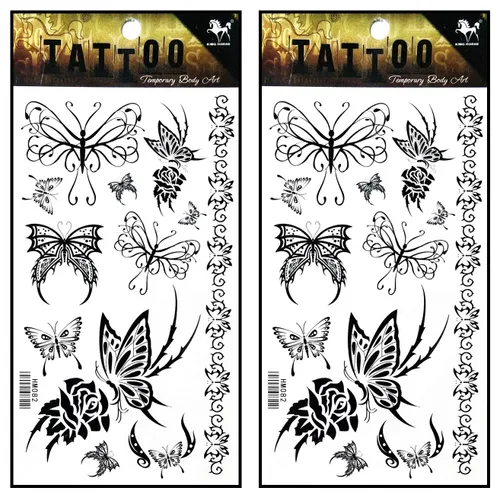Miniatura 21 de Tatuajes 2 hojas de tatuaje temporal 3D negro mariposa líneas discontinuas para mujeres hombres espalda baja hombro cuello brazo tatuaje etiqueta