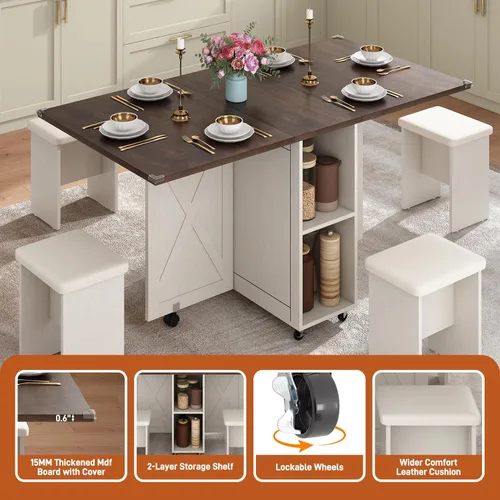 Miniatura 8 de Juego de mesa de comedor de granja de 5 piezas para 4, mesa plegable grande de 117 cm con 4 sillas de cuero, mesa de cocina plegable con ala