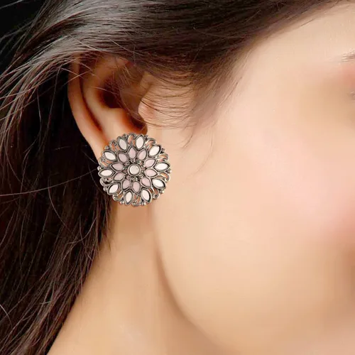 Miniatura 3 de I Jewels 18k Silver Oxidized Indian Wedding Bollywood Kundan Studded Meena Work Designer Circular Stud Earrings for Women(E2933Z)