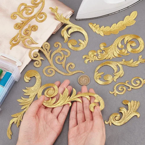 Miniatura 3 de AHANDMAKER 8 pares de apliques de bordado de flores de hoja, estilo étnico dorado, para coser con hierro en la corona de hojas, apliques bordados