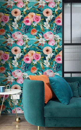 Miniatura 5 de HAOKHOME Papel tapiz floral para despegar y pegar, verde azulado/rosa, extraíble, texturizado, para decoración de dormitorio, guardería, 17.7