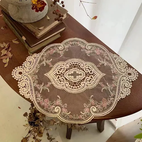 Miniatura 6 de Paquete de 2 manteles individuales ovalados vintage de encaje, exquisitos manteles individuales bordados de flores, 12 x 18 pulgadas (beige)