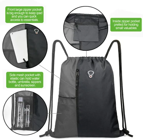 Miniatura 4 de Mochila con cordón, con estilo deportivo, bolsa de gimnasio para mujeres, hombres y niños, bolsa de gran tamaño con zíper y bolsillos de malla