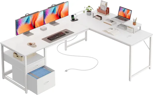 Miniatura 14 de PRAISUN Escritorio en forma de L de 55 pulgadas con tomas de corriente y puerto USB-C, escritorio de oficina en casa con cajones de tela de archivos