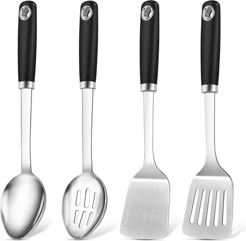 Juego de 4 utensilios de cocina de acero inoxidable, herramientas de cocina de metal resistentes al calor, incluye espátula Wok sólida y ranurada,