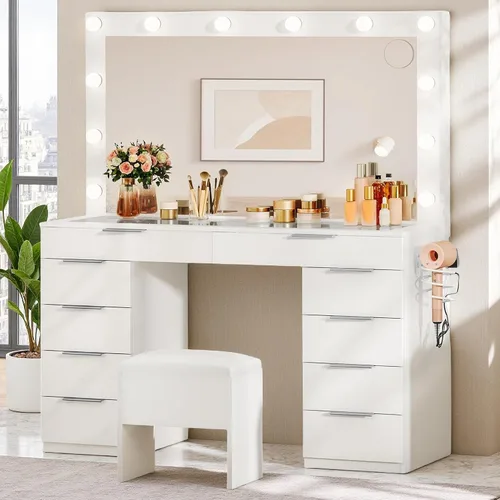 DWVO Tocador de maquillaje con parte superior de vidrio de 46 pulgadas con 10 cajones, juego de escritorio con espejo LED grande, estación de carga