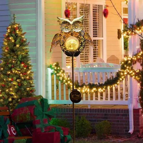 Miniatura 7 de Go2garden - Luces solares para exteriores, estacas metálicas decorativas con diseño de búho, pez, tortuga, luces de cristal craquelado para césped