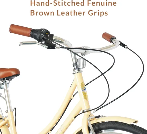Miniatura 3 de MICARGI Kansans Beach Cruiser Bike - Empuñaduras de cuero de 7 velocidades y cojín de asiento V-Brake para adultos Vainilla