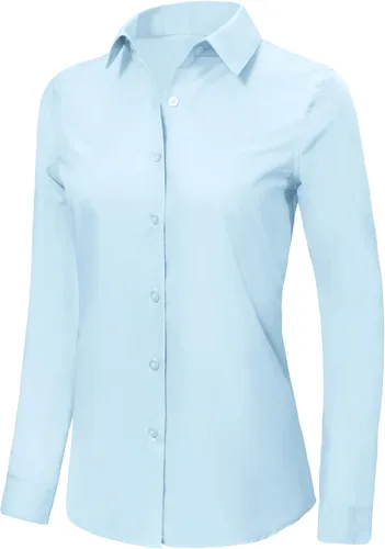 Miniatura 3 de Ruisin - Camisas supersuaves sin arrugas y con botones para mujer, unicolor, manga larga, diseño a rayas, estilo formal, blusa de vestir
