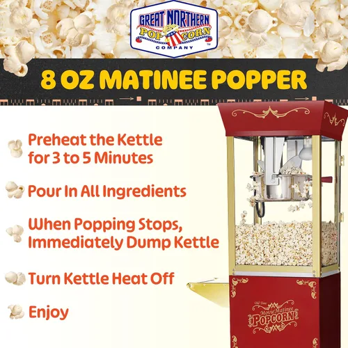Miniatura 8 de Máquina y carrito de palomitas de maíz Matinee - Máquina de palomitas de maíz de 3 galones, hervidor de 8 onzas, calentador y 5 paquetes de granos