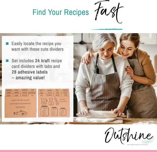 Miniatura 2 de OUTSHINE Divisores de tarjetas de recetas de papel kraft prémium de 4 x 6 con pestañas (juego de 24) Divisores de caja de recetas hechos de Kraft