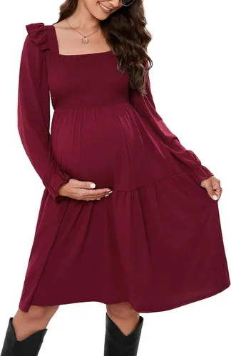 KOJOOIN Vestido de maternidad para mujer, sin mangas, cuello cuadrado, volantes, casual, bohemio, vestido midi para baby shower, sesión de fotos