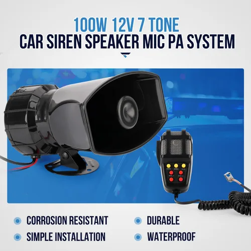 Miniatura 5 de Bocina de Sirena de Coche de 7 Tonos con Micrófono, Sirena de Alarma de 12V 100W Amplificador de Emergencia con Micrófono Sistema de Altavoz PA