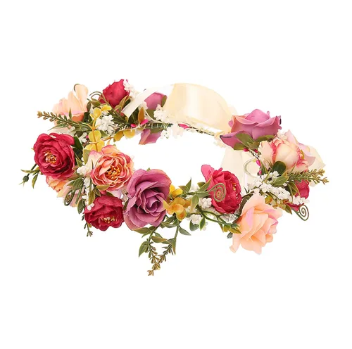 Corona de flores de rosas para novia, diadema floral para el cabello, diadema de flores, halo bohemio con cinta, boda, fiesta, festival, fotos