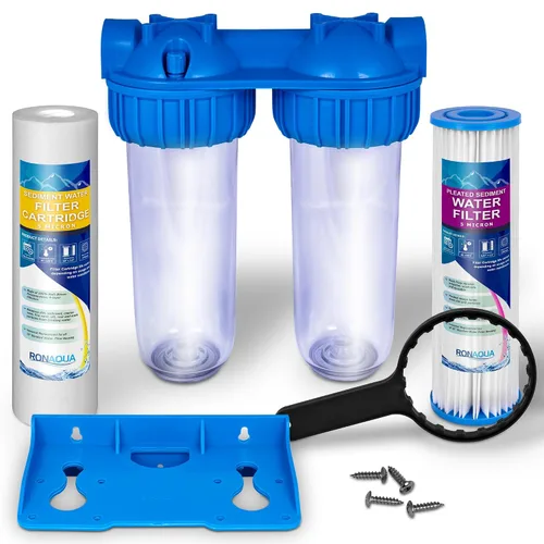 Sistema de filtro de agua dual para toda la casa, carcasas estándar transparentes, botón de alivio de prensatelas, puerto de latón de entrada/salida