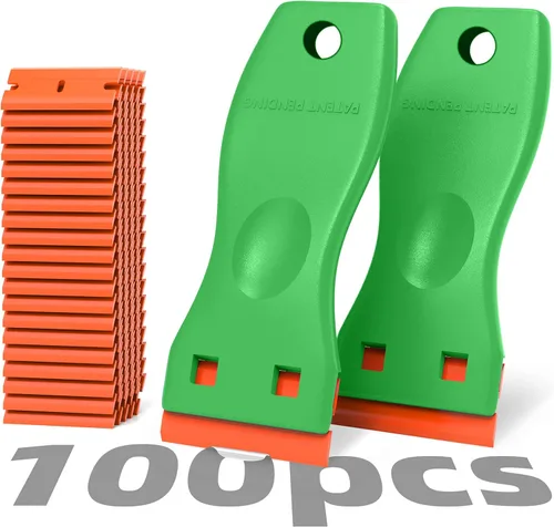 Miniatura 10 de Herramienta raspadora de cuchillas de afeitar de plástico, paquete de 2 removedores de pintura de pared con 100 cuchillas de plástico, kit de Azul