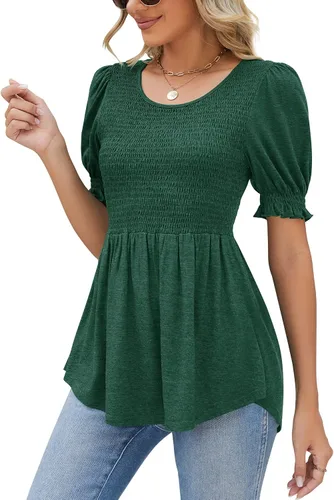 AKEWEI Blusas fruncidas para mujer, lindas blusas de verano de manga corta abombada, blusas peplum, blusas elegantes y casuales tipo babydoll