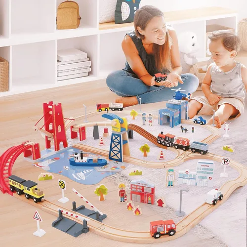 Miniatura 6 de Giant bean Juego de 117 piezas de tren Busy Port City para niños, juego de vías de tren de madera ampliables y cambiables, juguete grande de Navidad