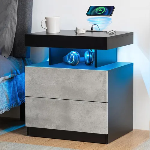 Miniatura 8 de HOMMPA Mesita de noche negra con estación de carga inalámbrica, mesita de noche de alto brillo con 3 cajones, mesa auxiliar con carga USB tipo C